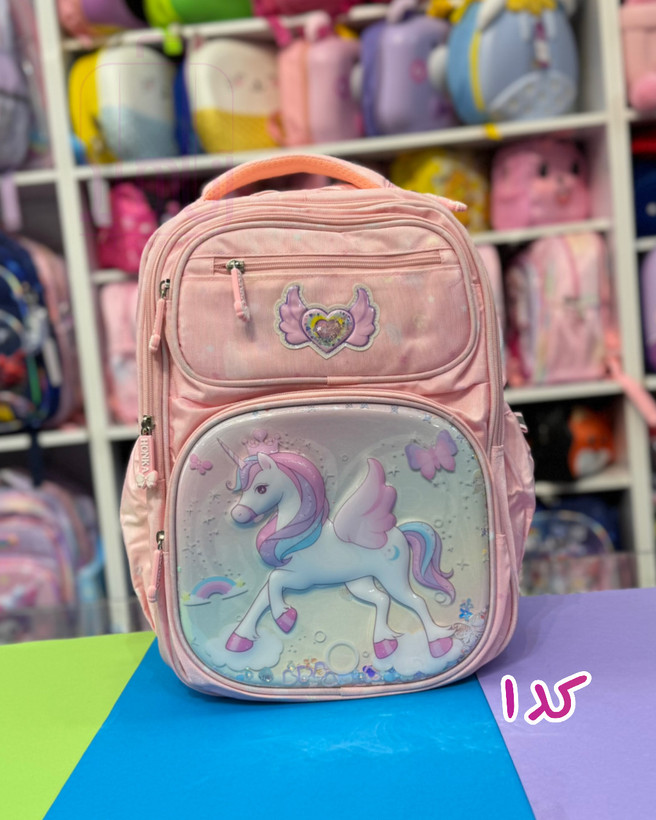 کولهپشتی مدرسهای دخترانه با طرح یونیکورن، پری دریایی و شخصیت کارتونی در رنگهای فانتزی پاستلی