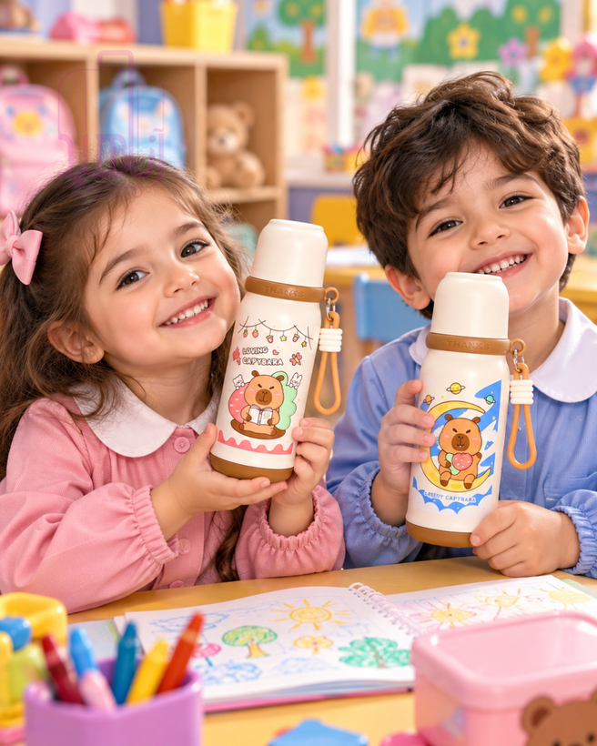 بطری آب کودک طرح کاپیبارا استیل ۳۱۶ نینوش و آساننوش با درب لیوانی