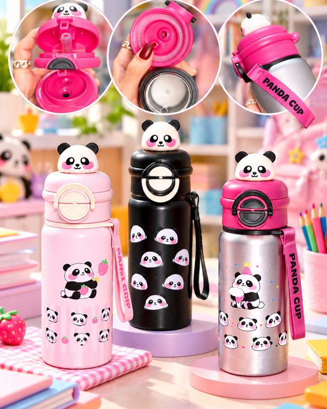 بطری آب استیل کودک طرح پاندا PANDA CUP با درب نینوش و آسان نوش
